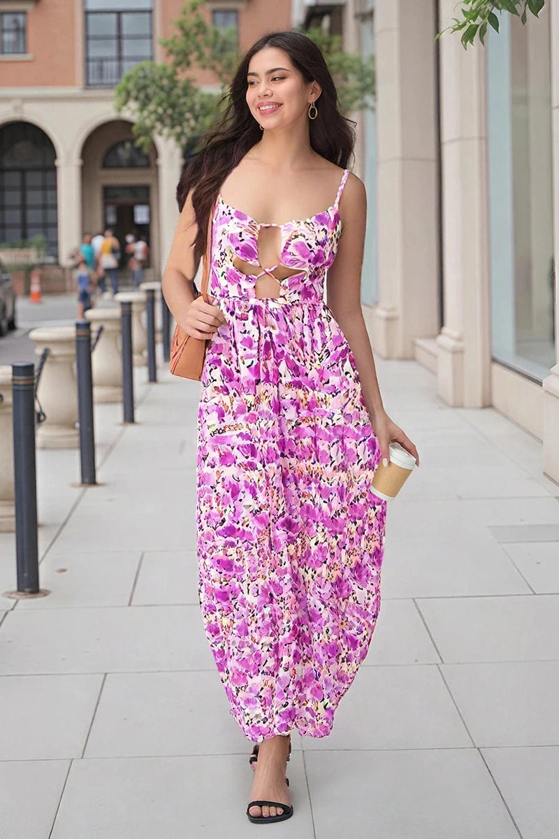 Glorol - Sleeveless Spaghetti Strap Floral Print Maxi Dress