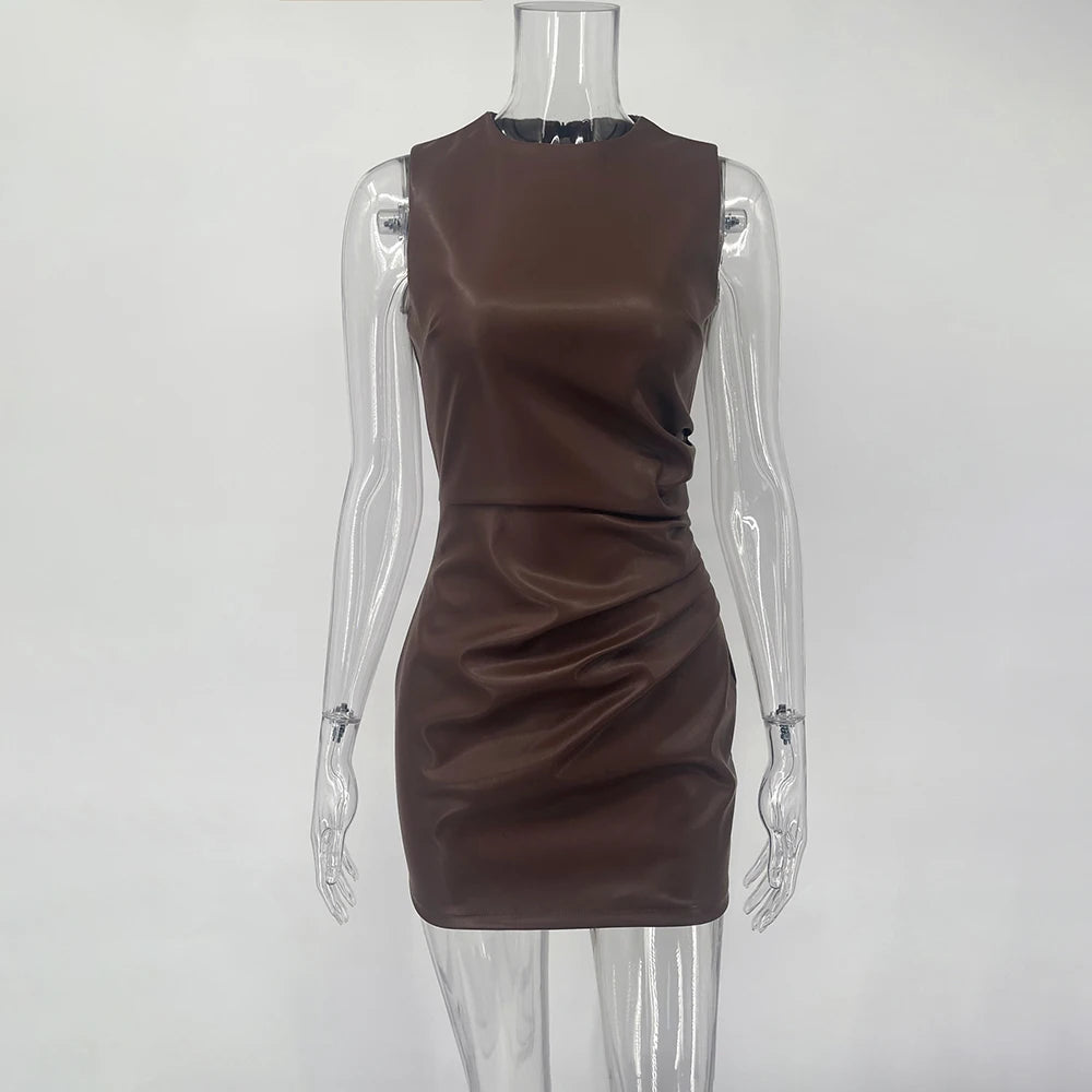 Glorol - Leather Patchwork High Waist Mini Dress