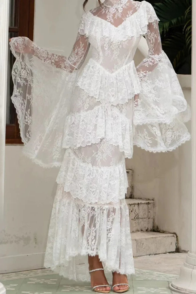 Glorol - Long Sleeve Lace Embroidery High Waist Maxi Dress