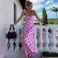 Glorol - Lace Up Printed Polka Dot Backless Maxi Dress
