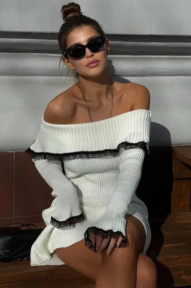 Glorol - Off-Shoulder Lace Patchwork Slim Backless Mini Dress