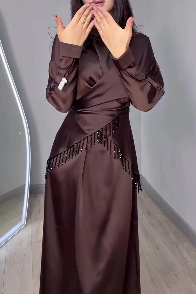Glorol - Long Sleeve Pleat Lace-Up Loose 2-Piece Irregular Maxi Dress