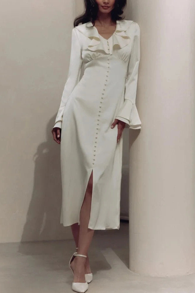 Glorol - Elegant V Neck Slim Long Sleeve High Waist Midi Dress