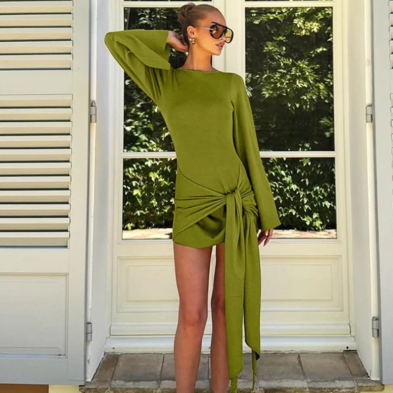 Glorol - Long Sleeve Patchwork Round Neck High Waist Mini Dress