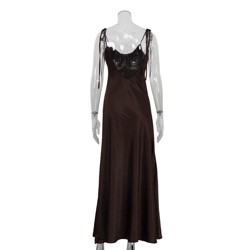 Glorol - Spaghetti Strap Backless Lace Up Slim Maxi Dress