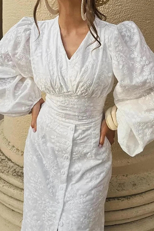 Glorol - Elegant Hollow Out V-Neck High Waist Lantern Sleeve Maxi Dress
