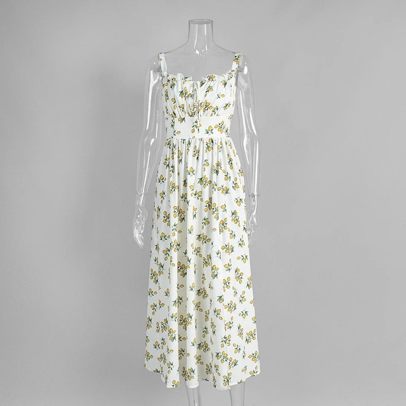 Glorol - Printed Lace Up High Waist Maxi Dress