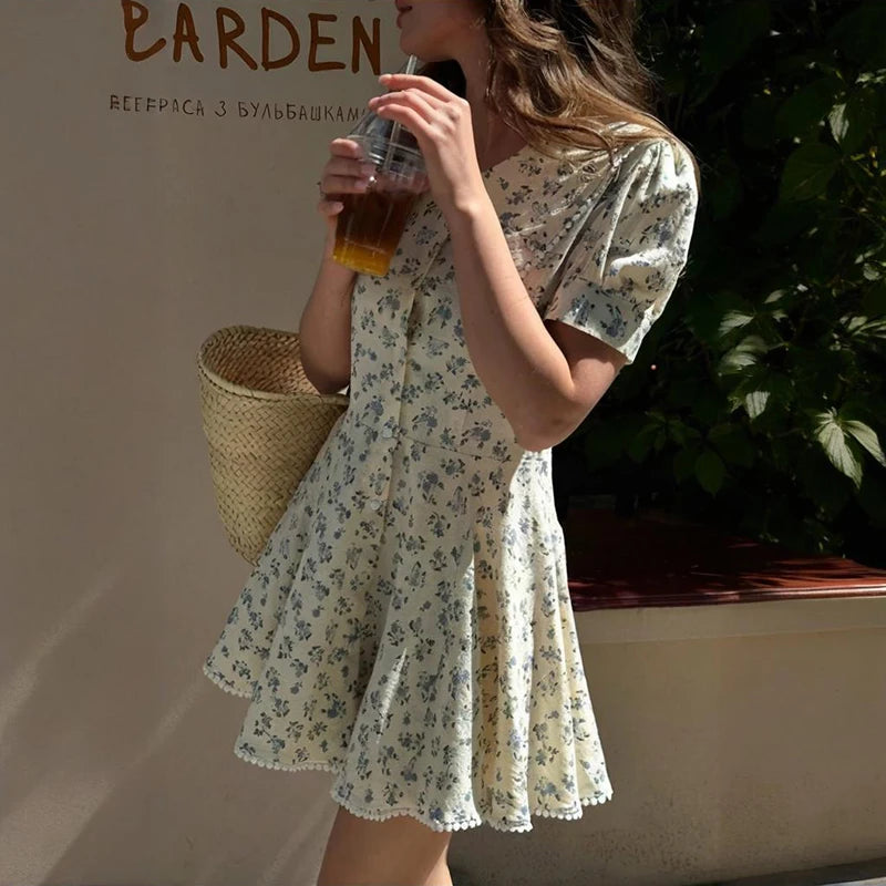 Glorol - Printed Short Sleeve Slim Single Breasted Mini Dress