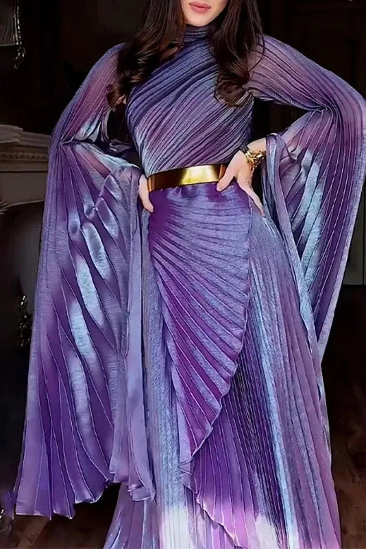 Glorol - Elegant Hollow Out Printed Slit Sleeve High Waist Maxi Dress