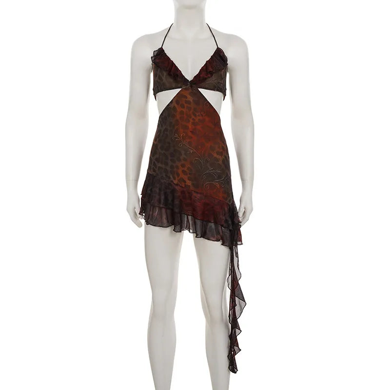 Glorol - Hollow V Neck Backless Printed Irregular Mini Dress