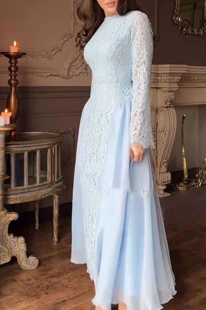Glorol - O-Neck Long Sleeve Pleated High Waist Lace Maxi Dress
