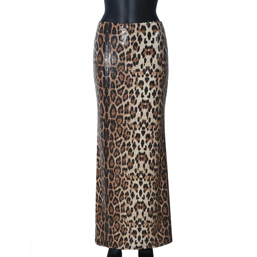 Glorol - Leopard Print Sequin Patchwork Skirt