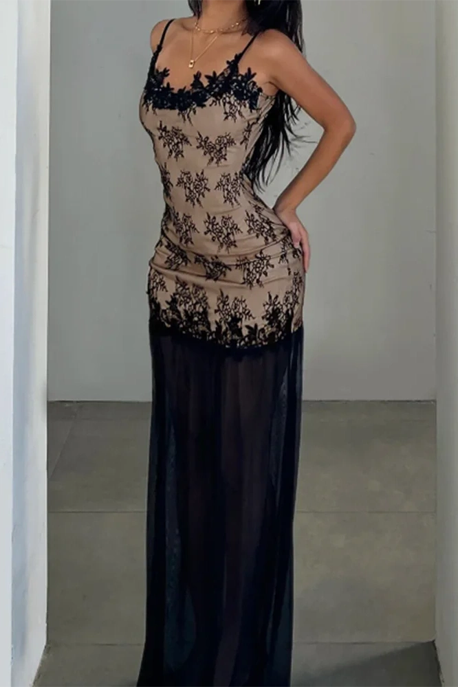 Glorol - Elegant Backless Lace Print Sleeveless Slim Maxi Dress