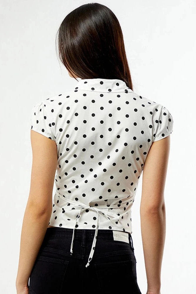 Glorol - Polka Dot Short Sleeve Single-Breasted Lace-Up Top