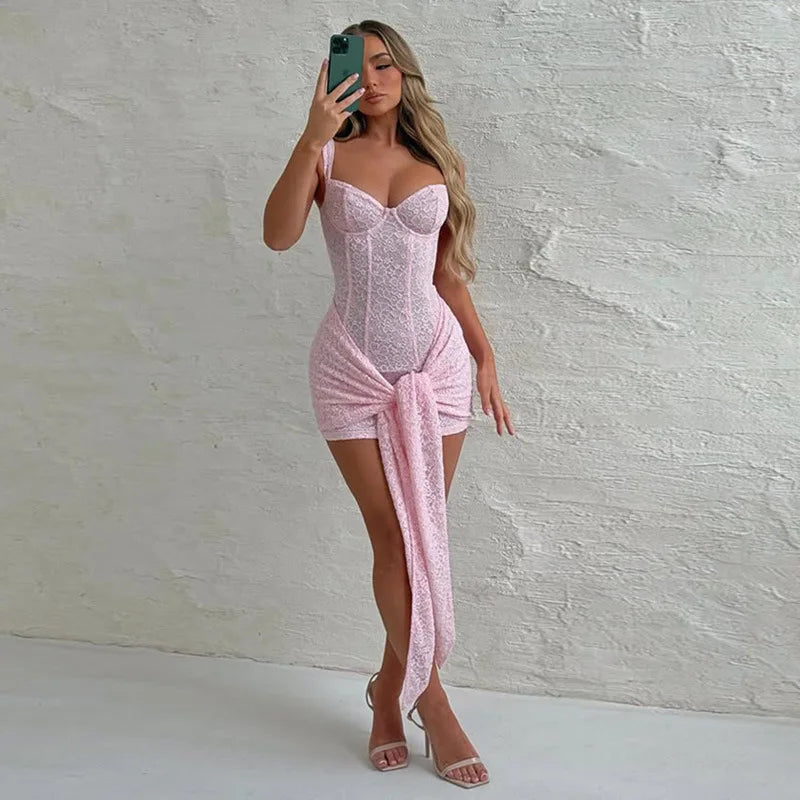 Glorol - Lace V Neck Sleeveless High Waist Mini Dress