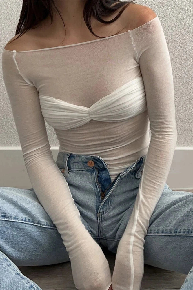 Glorol - Short Sleeve Off-Shoulder See-Through Top