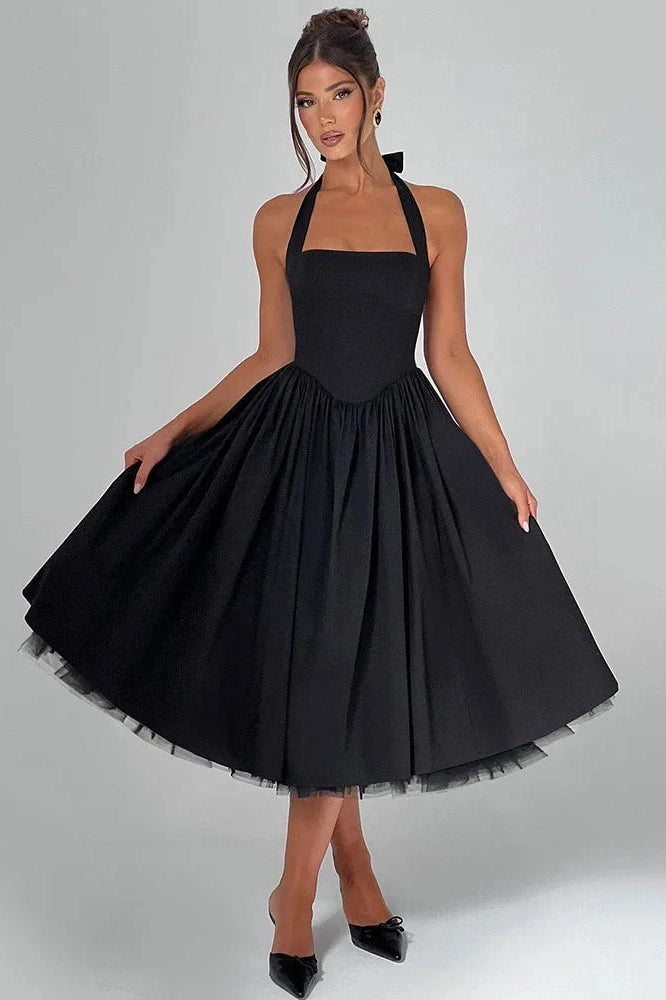 Glorol - Backless Square Collar Sleeveless High Waist A-Line Midi Dress