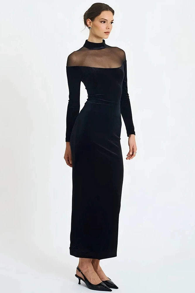 Glorol - Off-Shoulder Long Sleeve High Collar Backless Bodycon Maxi Dress
