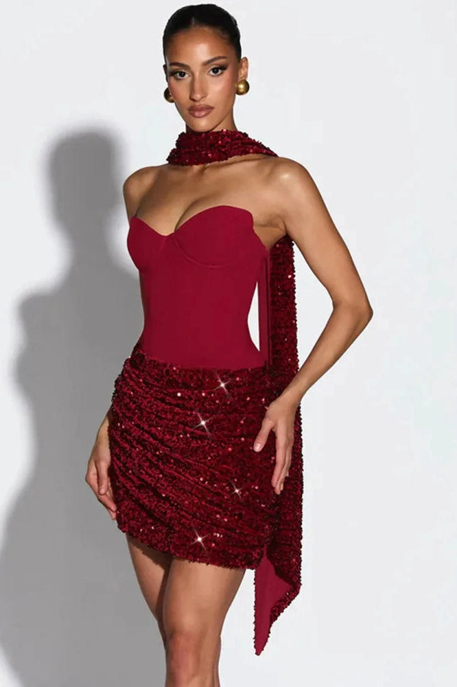 Glorol - Scarf Collar Off-Shoulder Backless Sleeveless Mini Dress