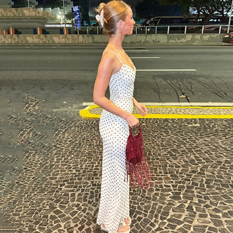Glorol - Polka Dot Printed Backless Maxi Dress