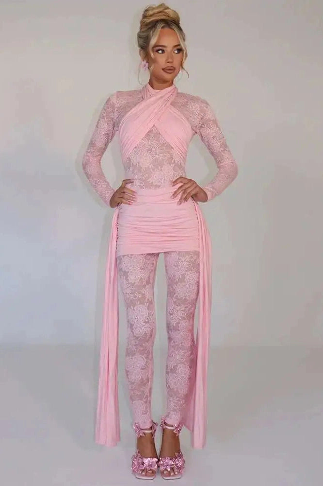 Glorol - See Through Lace Patchwork Long Sleeve Jumpsuit
