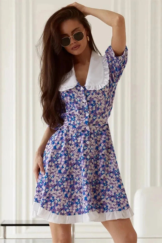 Glorol - Short Sleeves Printed High-Waisted Mini Dress