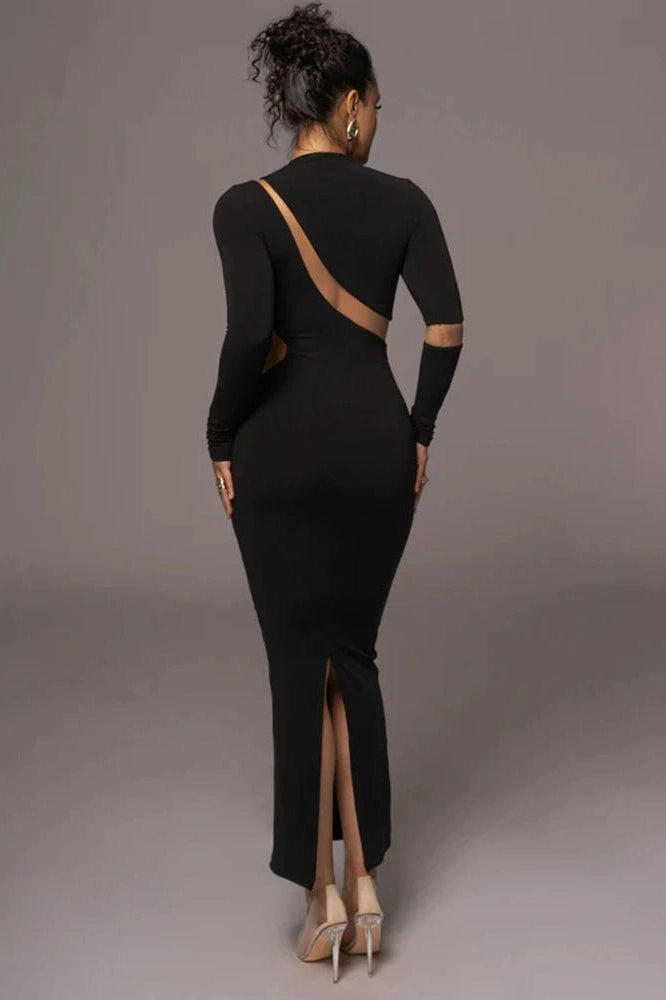 Glorol - Long Sleeve Bodycon Patchwork Hollow Out Maxi Dress