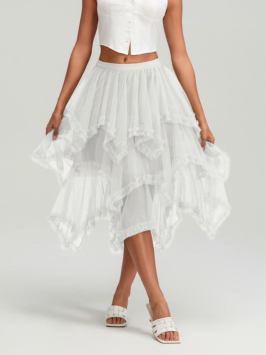 Glorol - High Waist Layered Tulle Frill Trim Skirt