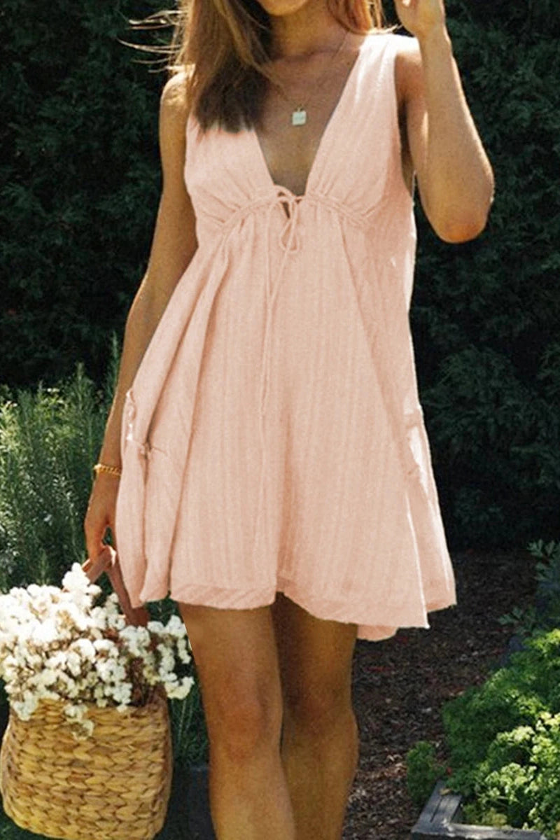 Glorol - Deep V-Neck Tie-Up Backless A-Line Mini Dress