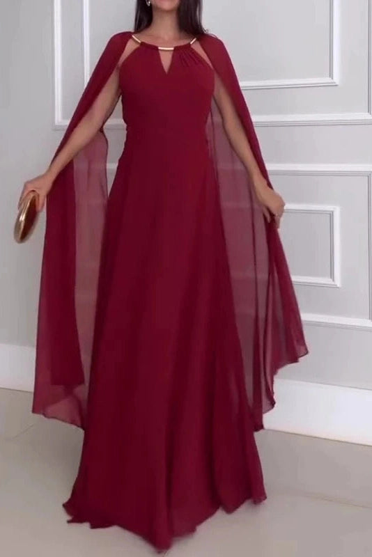 Glorol - Elegant Hollow Out Shawl Sleeve Pleated High Waist Maxi Dress