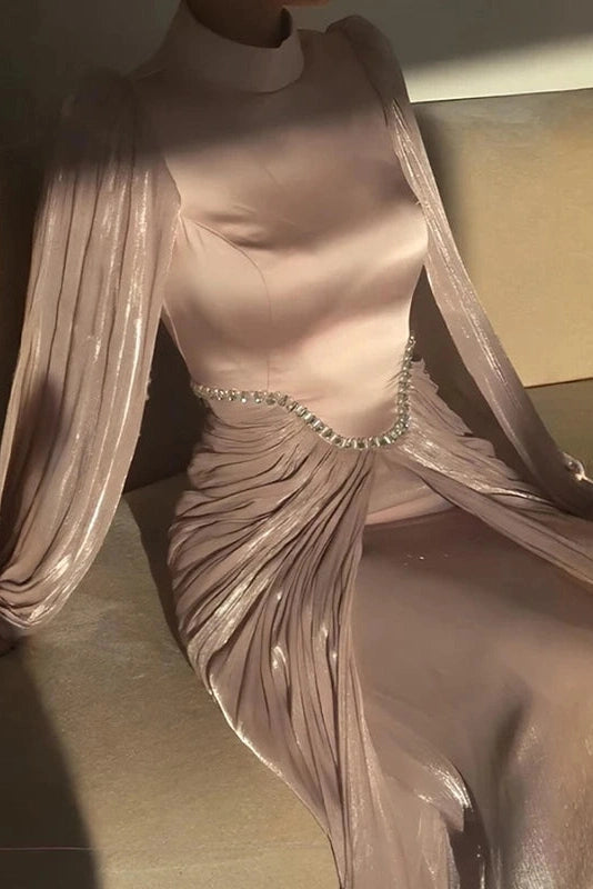 Glorol - Long Sleeve High Waist O-Neck Pleated Maxi Dress