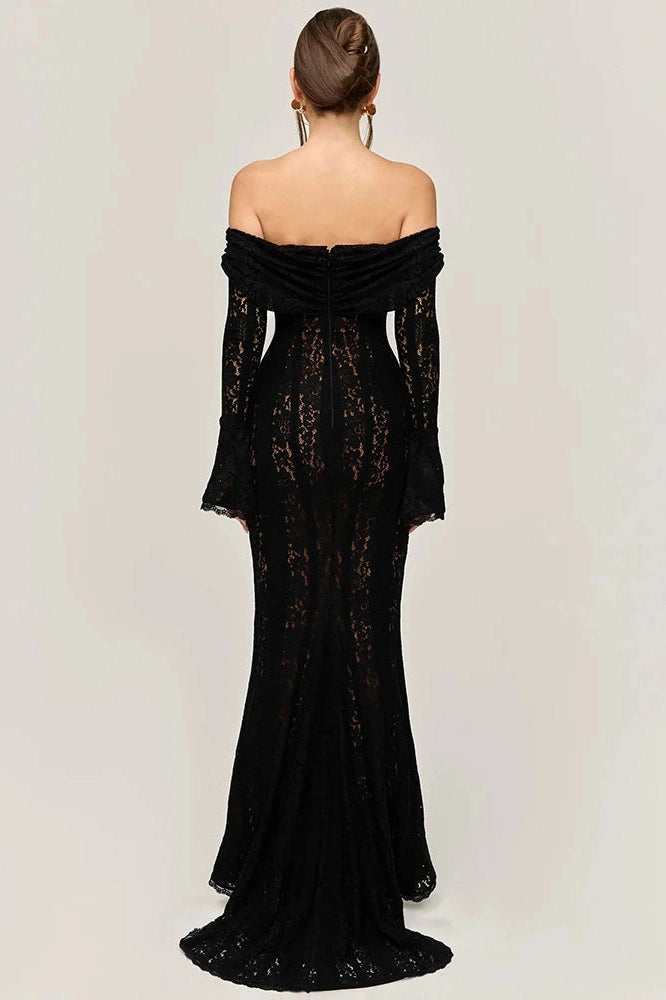 Glorol - Lace Off-Shoulder Strapless Backless Long Sleeve Maxi Dress