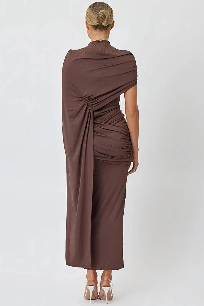 Glorol - Elegant High Collar Short Sleeve High Waist Maxi Dress