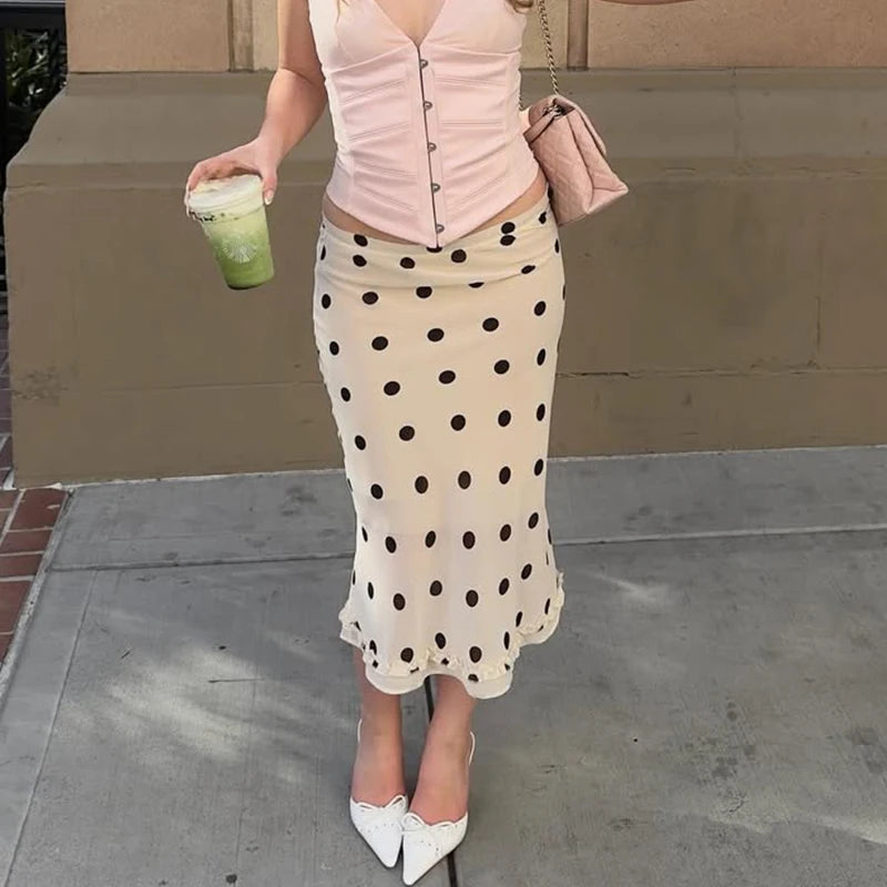 Glorol - High Waist Polka Dot Lace Splice Skirt