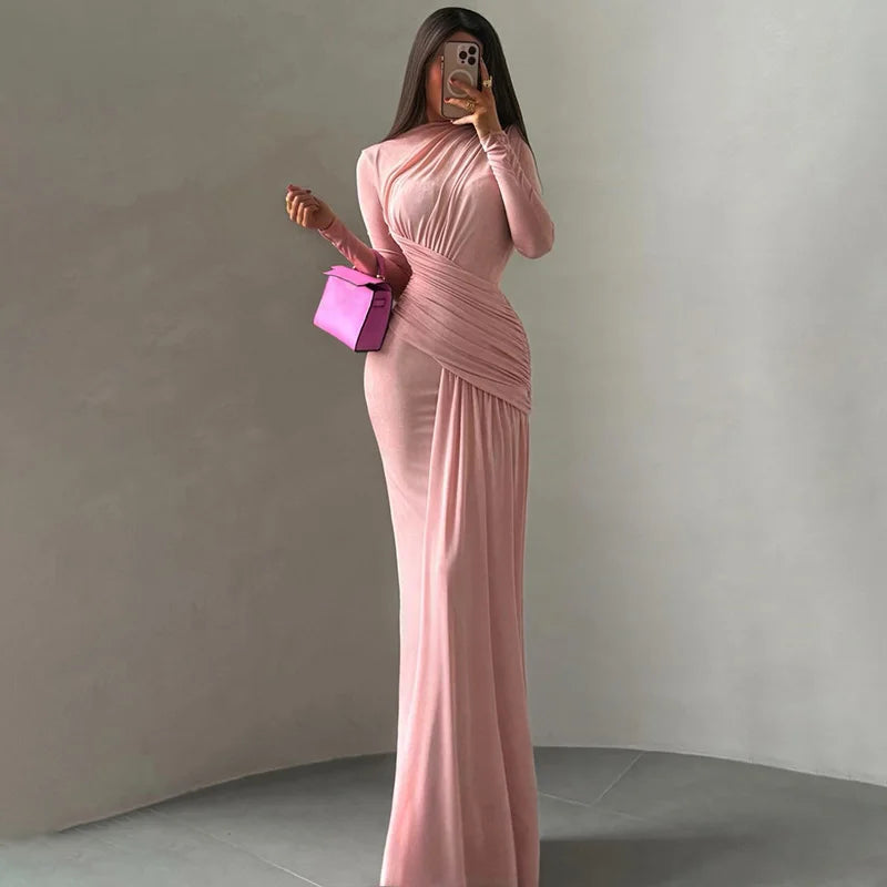Glorol - Round Neck High Waist Long Sleeve Maxi Dress
