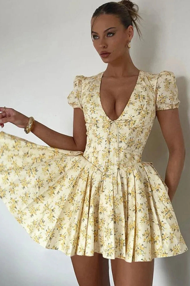 Glorol - Deep V Neck Print Lace-up Short Sleeve A-line Mini Dress