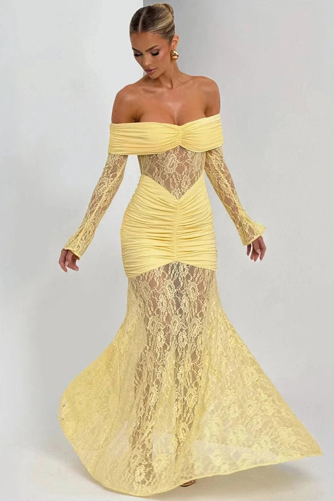 Glorol - Off-Shoulder Long Sleeve Lace See Through Strapless Bodycon Maxi Dress