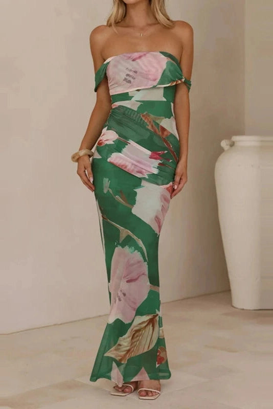 Glorol - Sleeveless High Waist Slash Collar Printed Maxi Dress