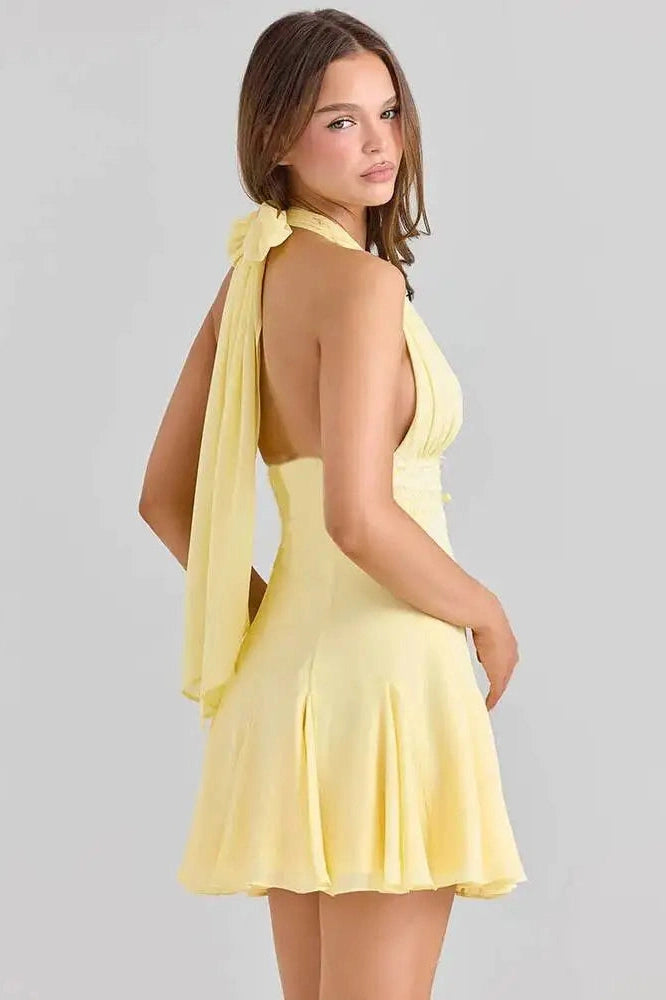Glorol - Backless Lace V Neck Sleeveless High Waist A-line Mini Dress