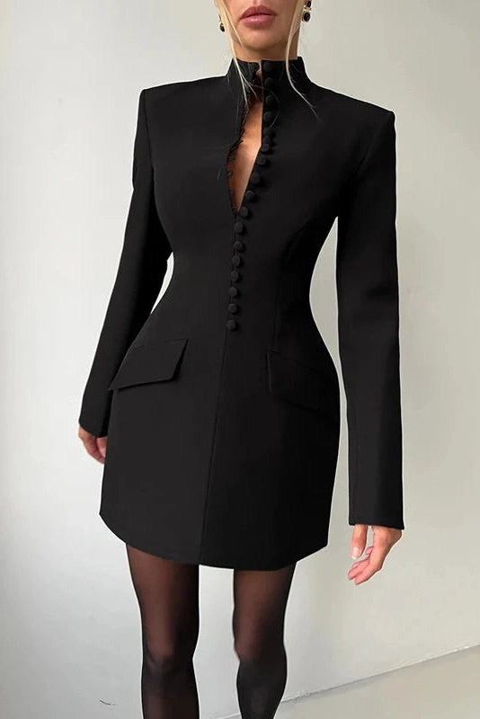 Glorol - Long Sleeve High Waist A-Line Turtleneck Slim Mini Dress