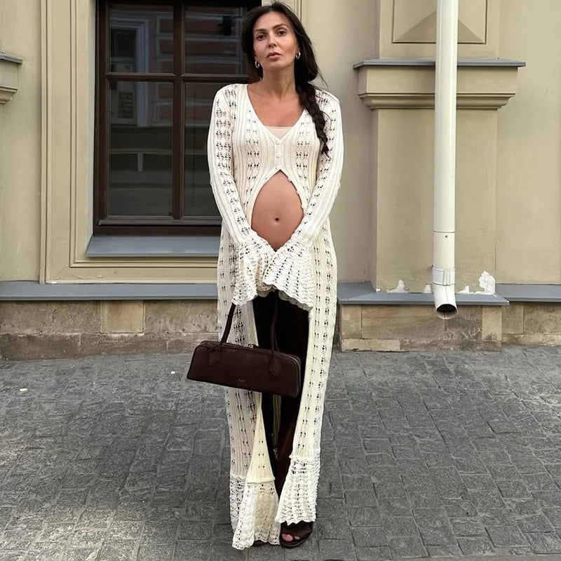 Glorol - Hollow Knitted Long Sleeve Maxi Dress