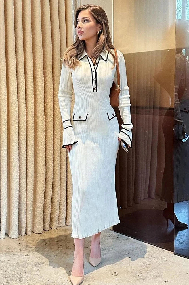 Glorol - Knitted High Waist Long Sleeve Midi Dress