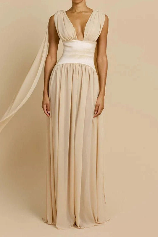 Glorol - Sleeveless V-Neck High Waist Pleated Maxi Dress