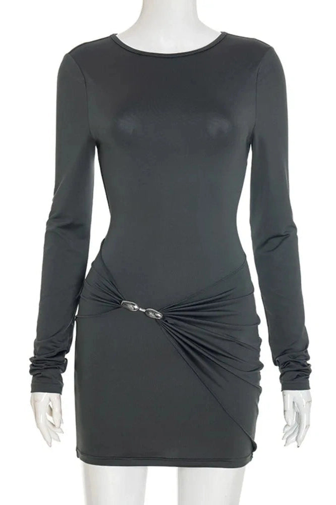Glorol - Long Sleeve Backless O Neck High Waist Mini Dress