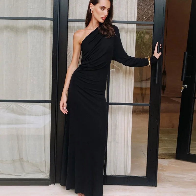 Glorol - Diagonal Collar One-Shoulder Long Sleeve Maxi Dress