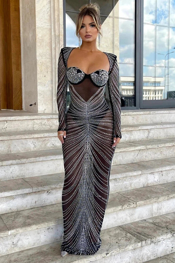 Glorol - Glitter See Through Full Sleeve Bodycon Maxi Dress