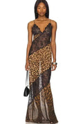 Glorol - Printed Spaghetti Strap Patchwork See Through Sleeveless Maxi Dress