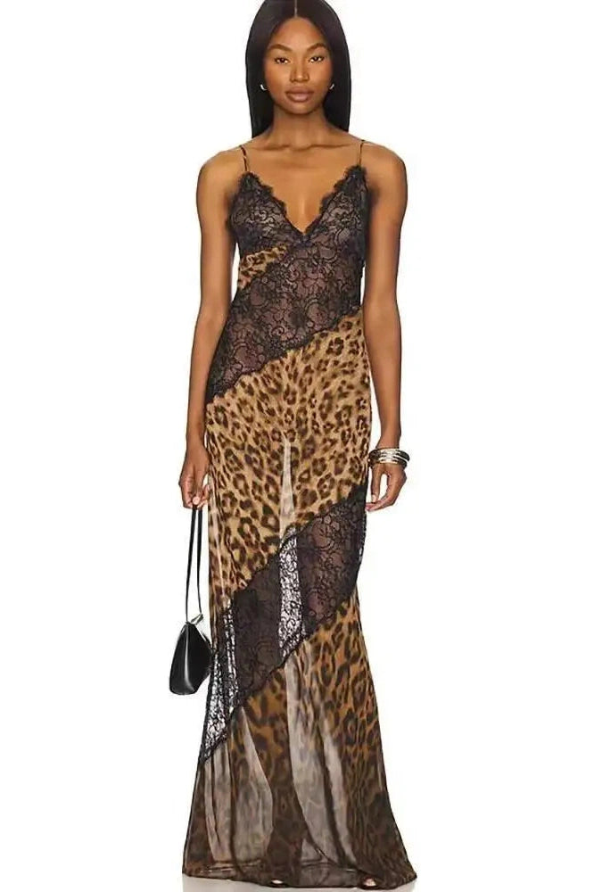 Glorol - Printed Spaghetti Strap Patchwork See Through Sleeveless Maxi Dress