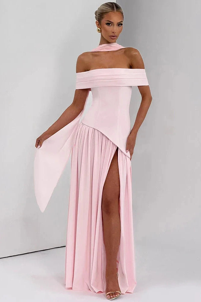 Glorol - Off-Shoulder Backless Strapless Sleeveless Pleated High Split Maxi Dress