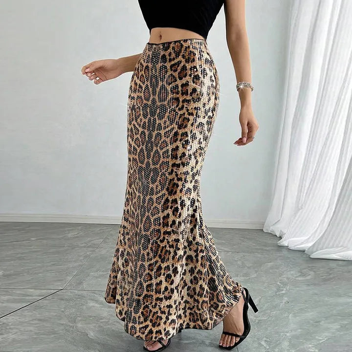 Glorol - Leopard Print Sequin Patchwork Skirt